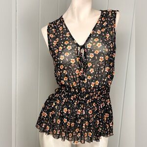 Daytrip Sheer Floral Peplum Blouse Tie Front Black Boho Top Size Medium